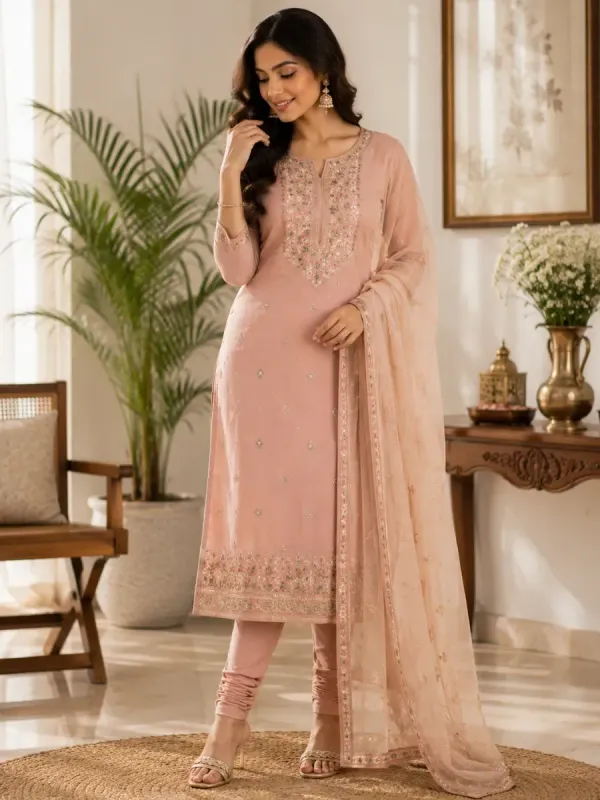 Dusty Rose Embroidered Churidar Material Set