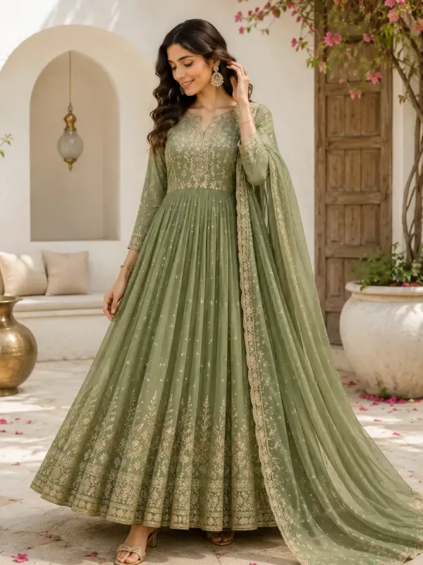 Sage Serenity Embroidered Anarkali Set