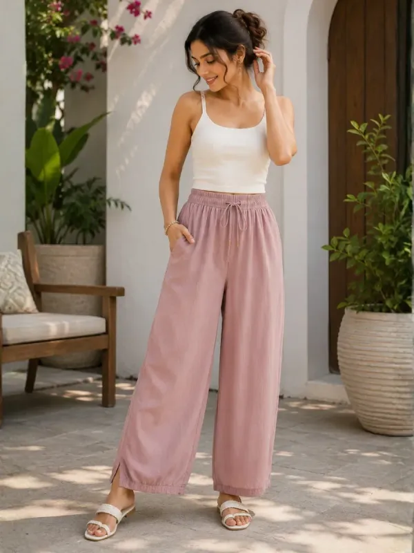Dusty Rose Wide-Leg Casual Palazzo Pants