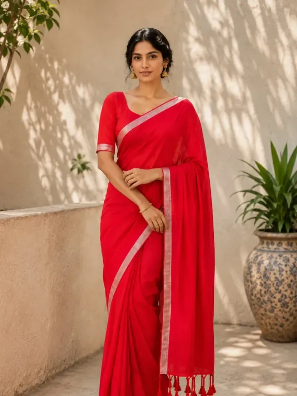 SRIJUGARMENTS Solid/Plain Daily Wear Handloom Cotton Blend Saree (Red)