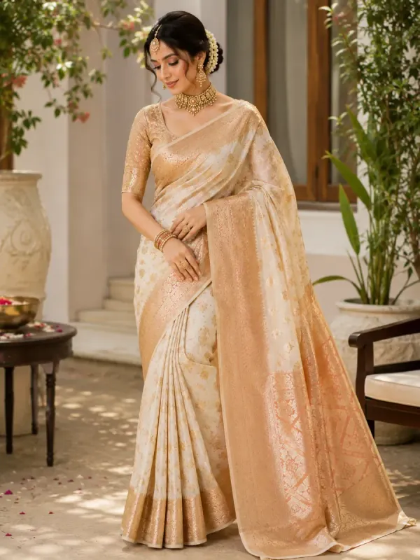 Ivory & Peach Gold-Zari Bridal Silk Saree
