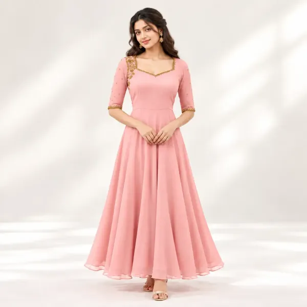 Pink Georgette Anarkali Handworked Top 