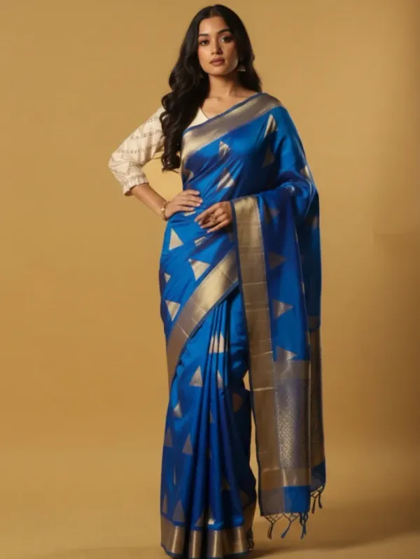 Royal Blue Zari Border Saree with Geometric Triangle Motifs