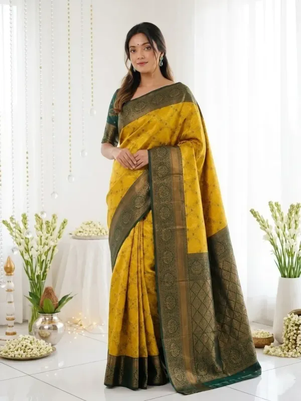 CLOTHCLICK Floral Print, Self Design, Woven Banarasi Silk Blend Saree (Yellow, Green)