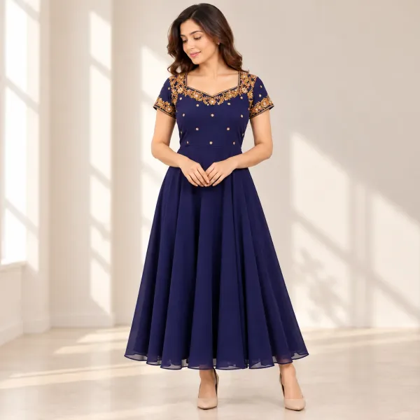 Navy blue handworked anarkali