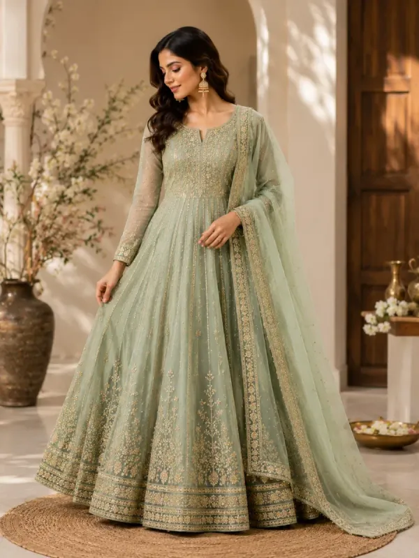 Sage Green Gold-Embroidered Anarkali Dress