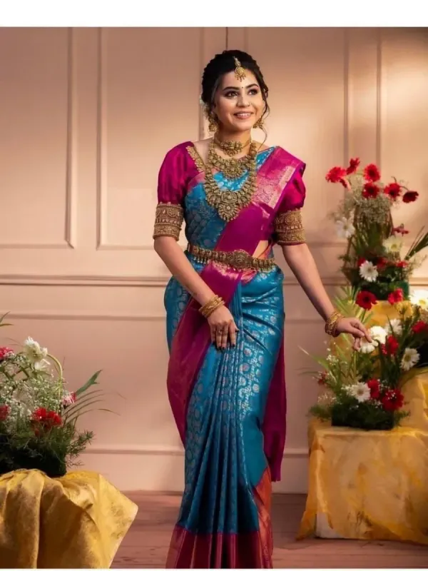 ZILVIRA Woven Kanjivaram Jacquard, Art Silk Saree (Light Blue, Pink)