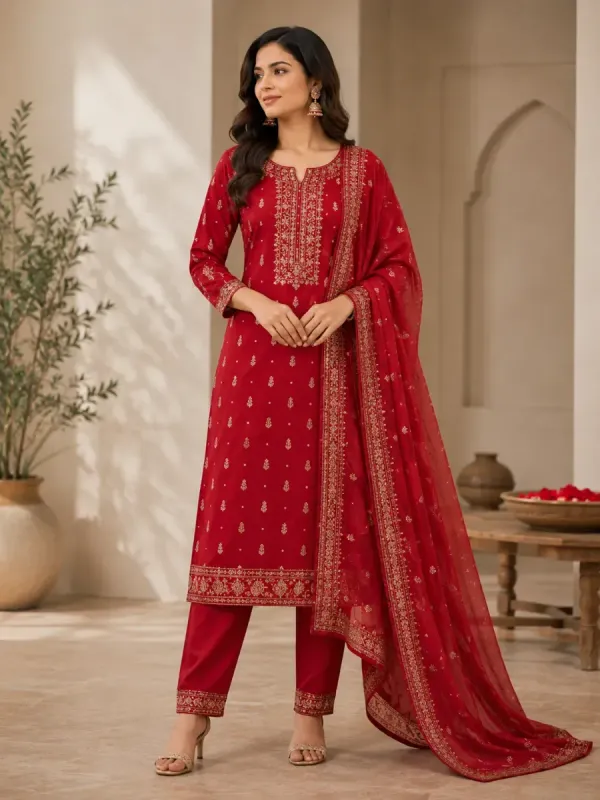 Red Embroidered Anarkali-Style Salwar Suit Set for Women