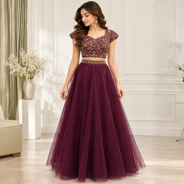 Wine Embroidered crop top & Flared net skirt set