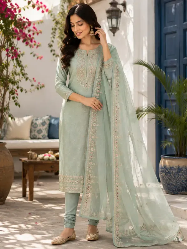 Pastel Mint Floral Embroidered Churidar Material Set