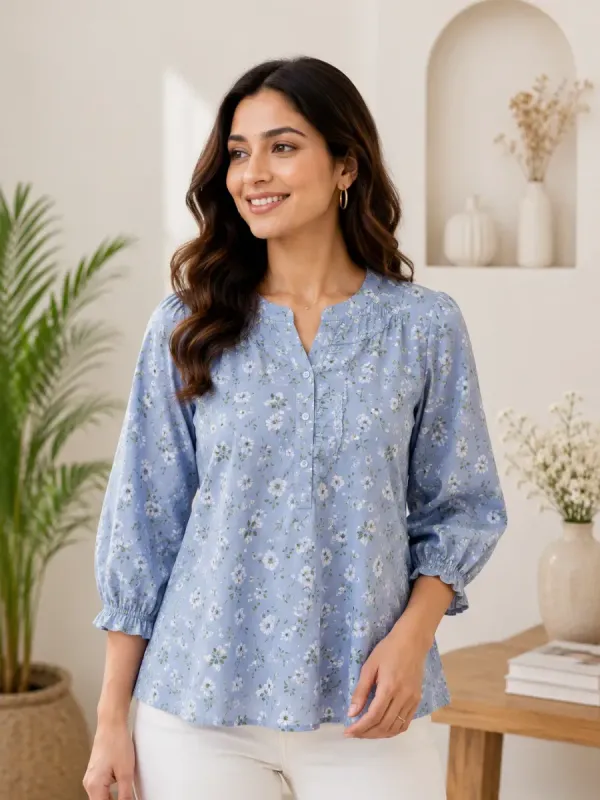 Sky Blue Floral Puff-Sleeve Casual Top