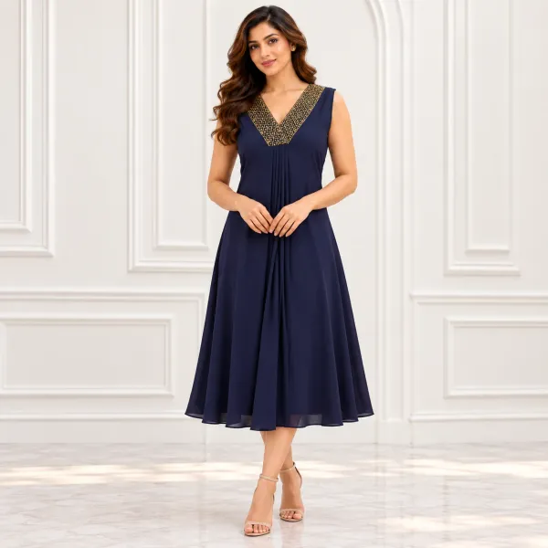 Navy Blue Handworked V-Neck A-Line Top