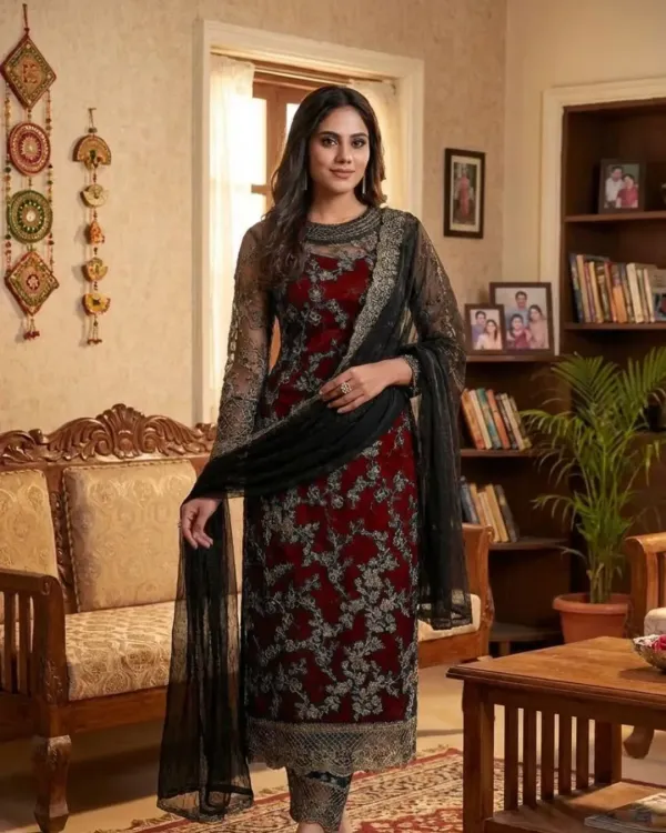 TRIVORA Semi Stitched Net/Lace Kurta & Churidar Material Embroidered