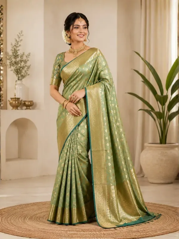 Elegant Mint Green & Gold Banarasi Silk Wedding Saree
