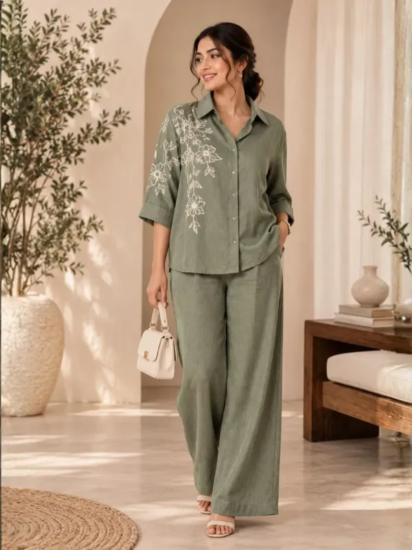 Elegant Sage Green Embroidered Linen Co-Ord Set