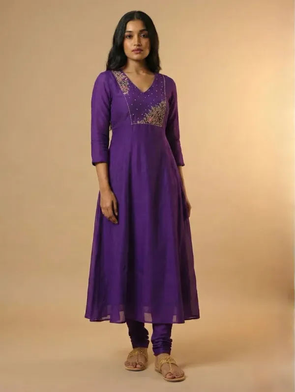 Purple Embroidered A-Line Kurta Set