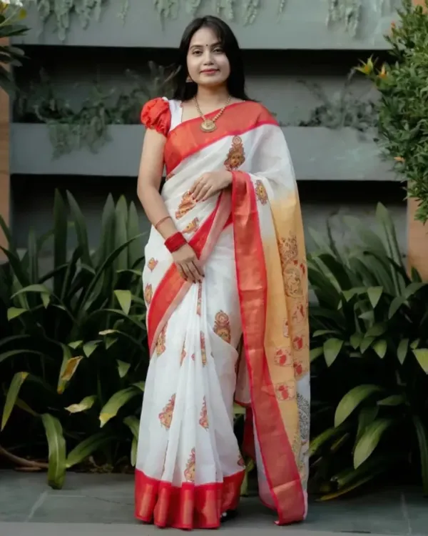 Classic White & Red Kerala Style Saree