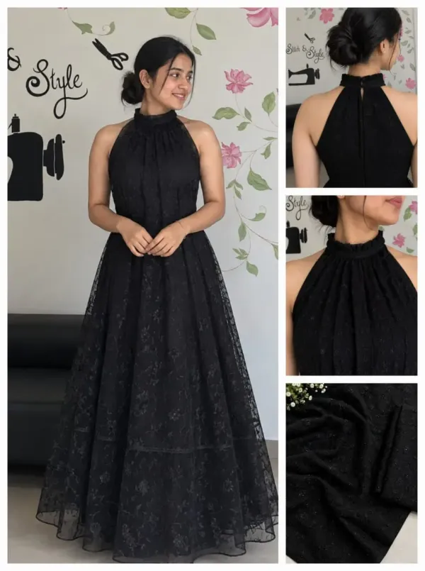 Jet Black Embroidered Net Gown