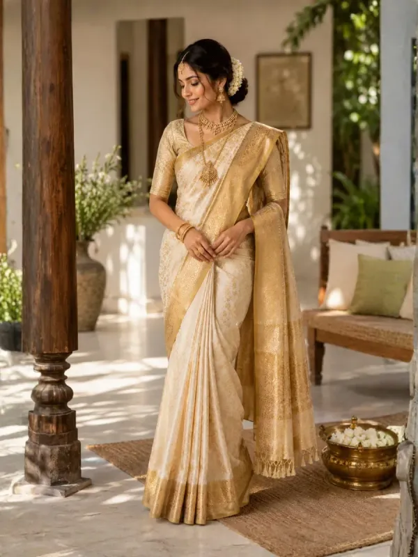 Kerala Traditional Cream & Gold Bridal Silk Saree