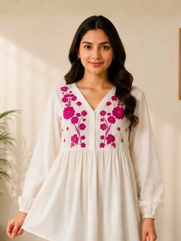 Abhisaakshi Fashion Casual Balloon Sleeve Embroidered Women White, Pink Top