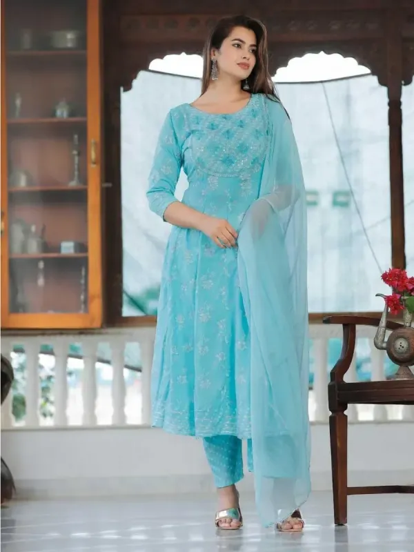 Tejal Exports Women Viscose Rayon Kurta Pant Dupatta Set