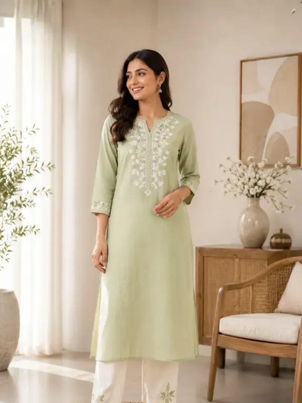 Pastel Green Embroidered Straight Kurti Set