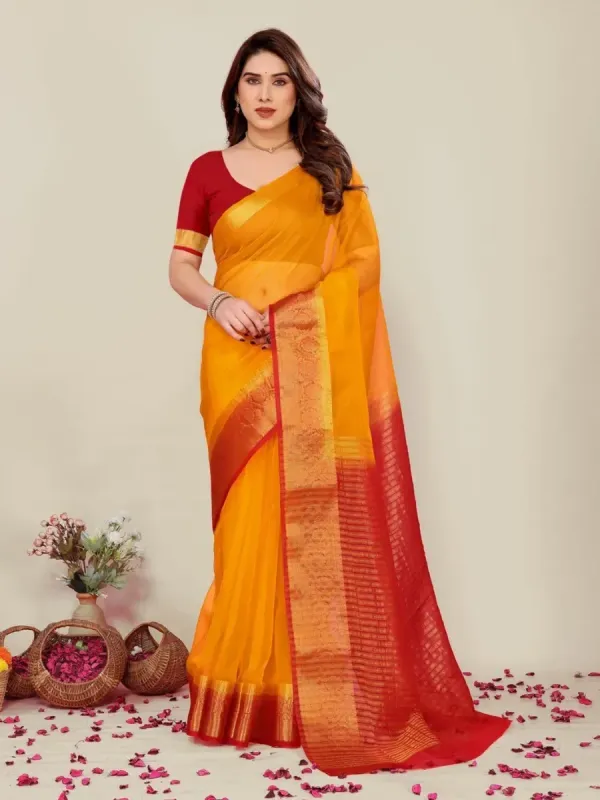 HouseOfCommon Ombre Bollywood Organza Saree (Yellow, Red)