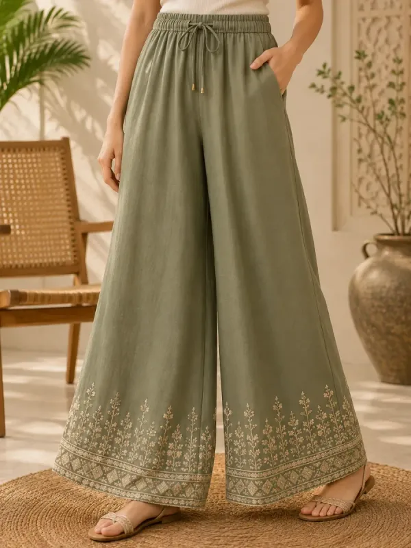 Olive Green Embroidered Wide-Leg Palazzo Pants
