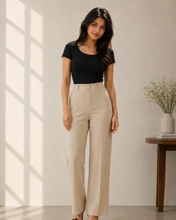 KOTTY Women Regular Fit Beige Polyester Trousers