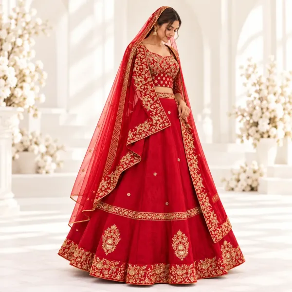 Red Heavy Work Bridal Lehenga