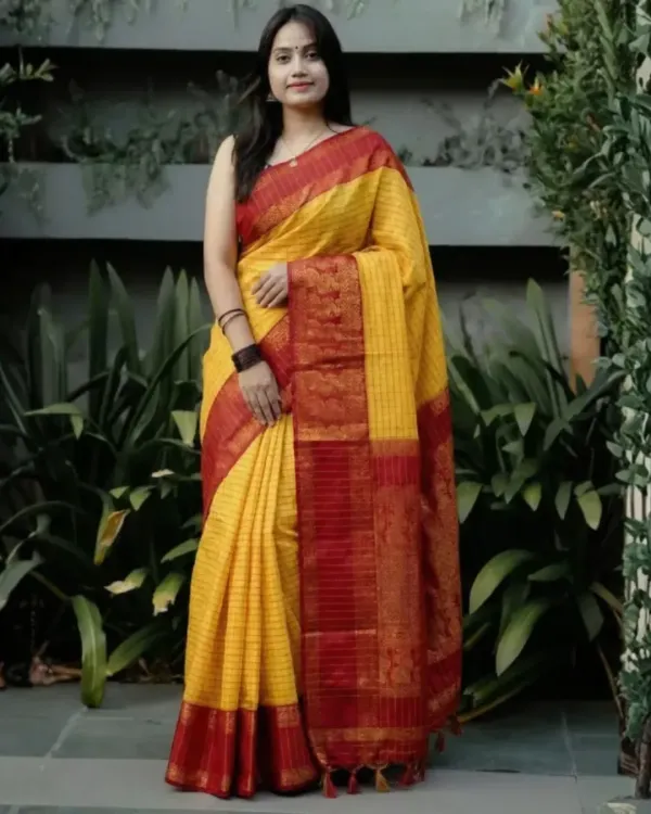 Mustard Yellow & Red Checked Silk Saree