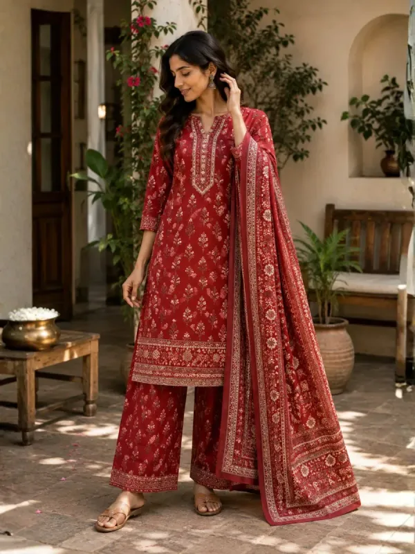 Ruby Bloom Printed Kurta Set | Red Floral Ethnic Wear