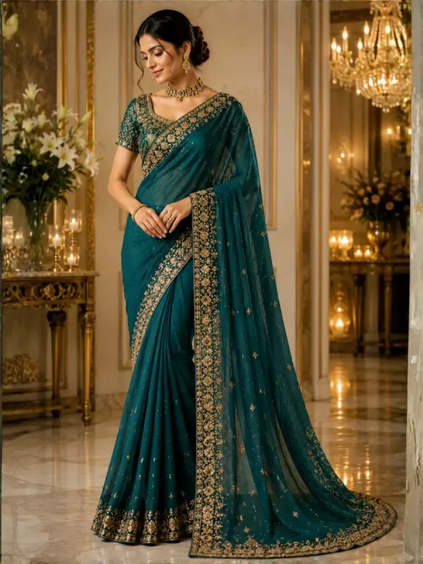 Emerald Teal Luxe Party Wear Saree