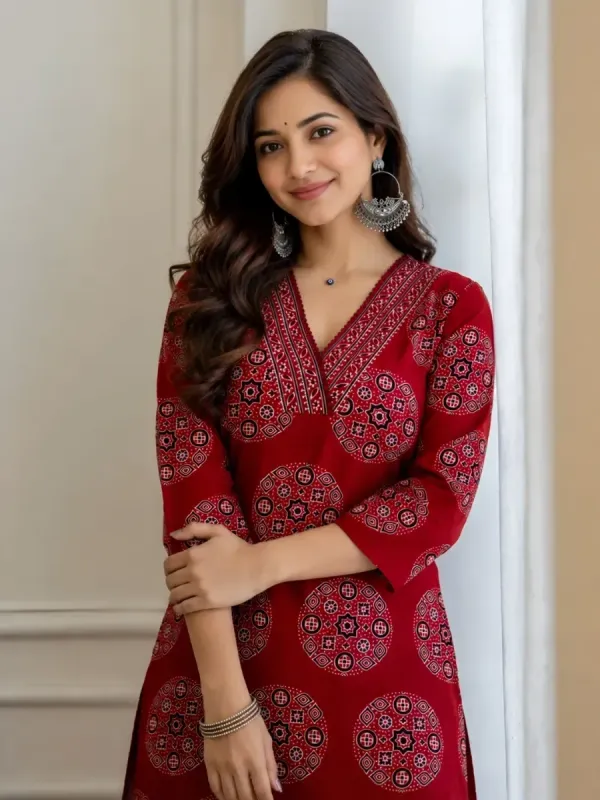 Hunaiza Printed Pure Cotton Straight Kurta for Women (Maroon)